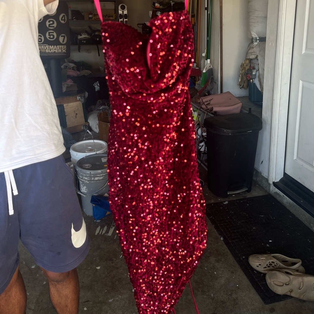 Red Sequin Dress with Pink Straps